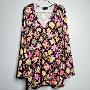 ASOS Curve Size 14 Retro Print V-Neck Flare Sleeve Mini Dress NEW